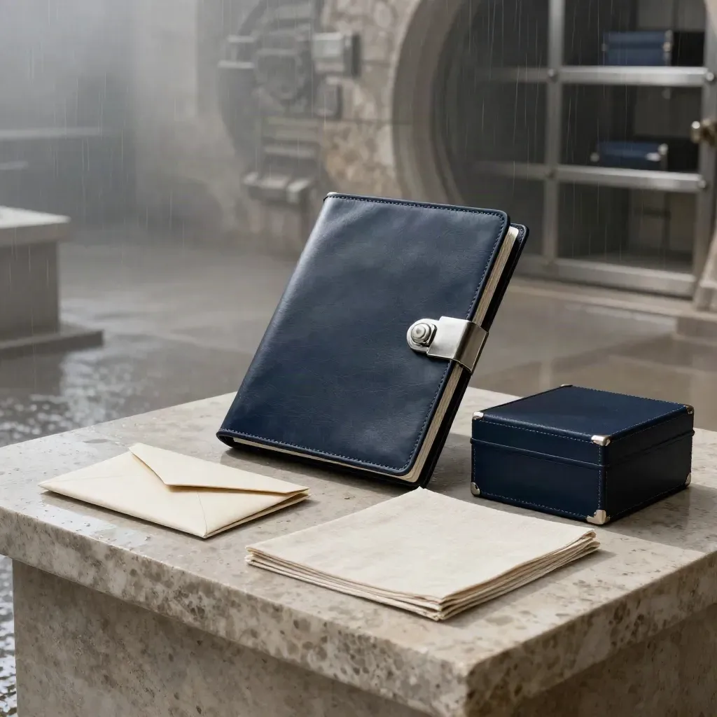 Midnight-navy vault folio with archive accessories on stone, misty morning light.