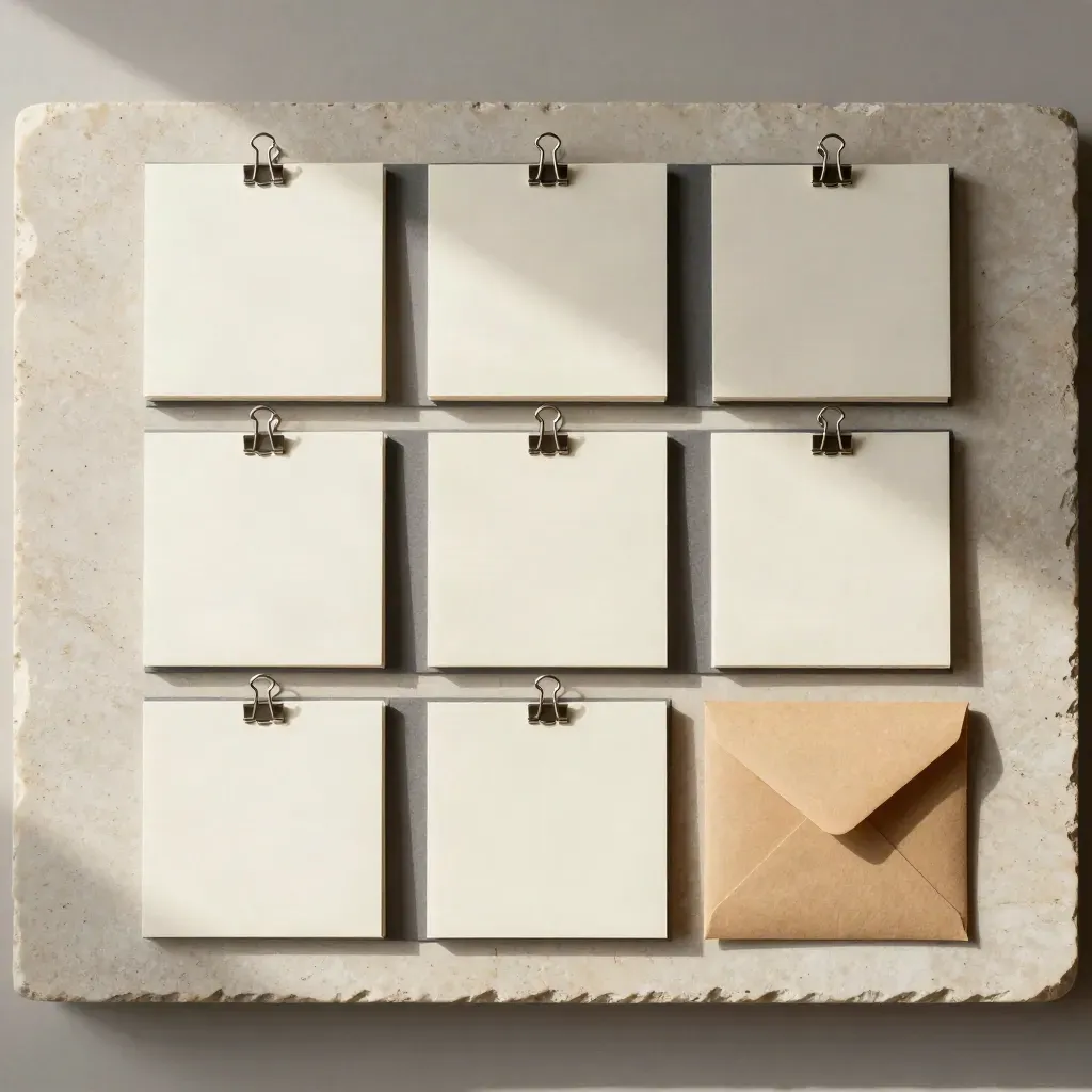 Overhead flatlay of a cream research pack, metal clips and waxed envelope on pale stone.