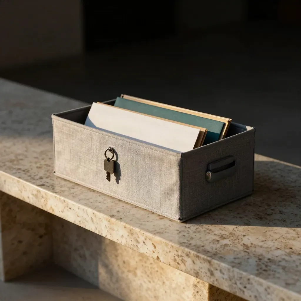 Charcoal document caddy with linen sleeve and sealed folders on travertine in moody evening light.