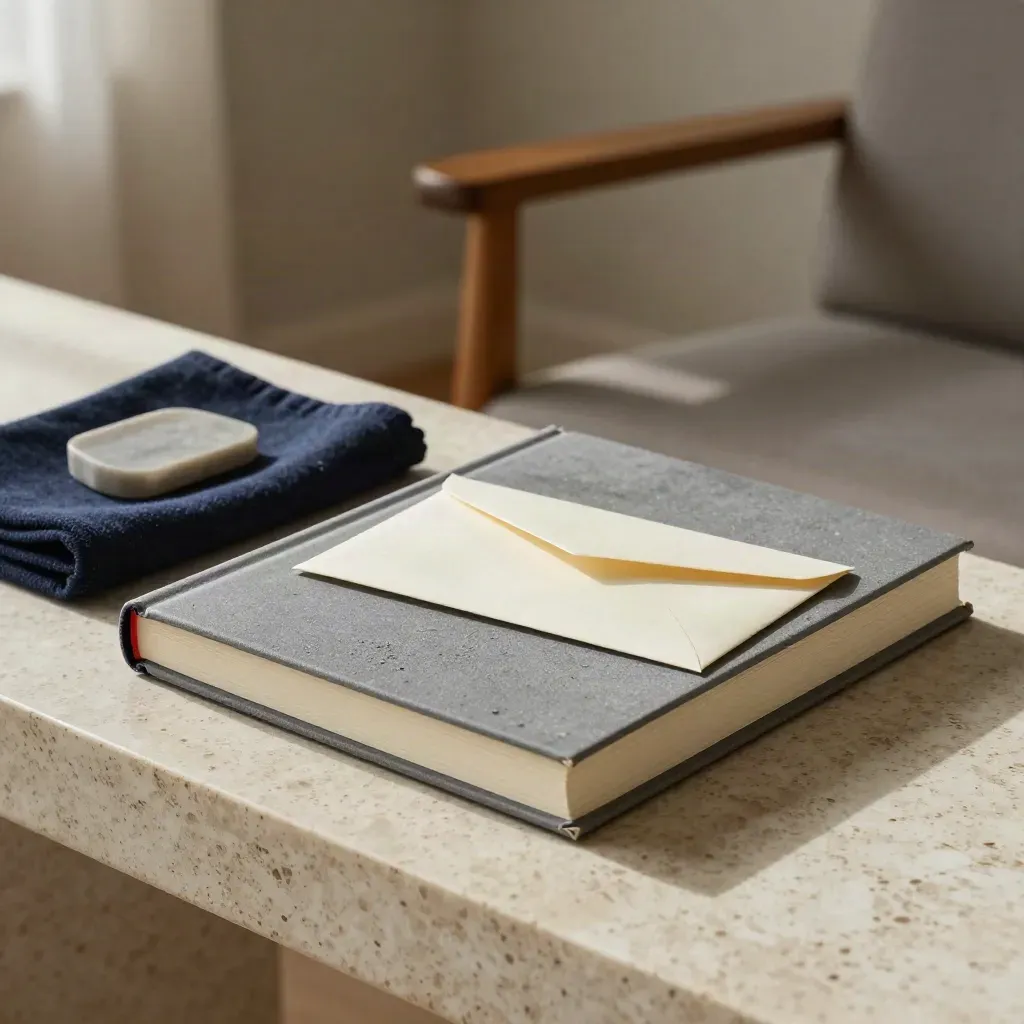 Graphite retirement folio, sealed envelope and stone tray on a travertine plinth beside a study chair.