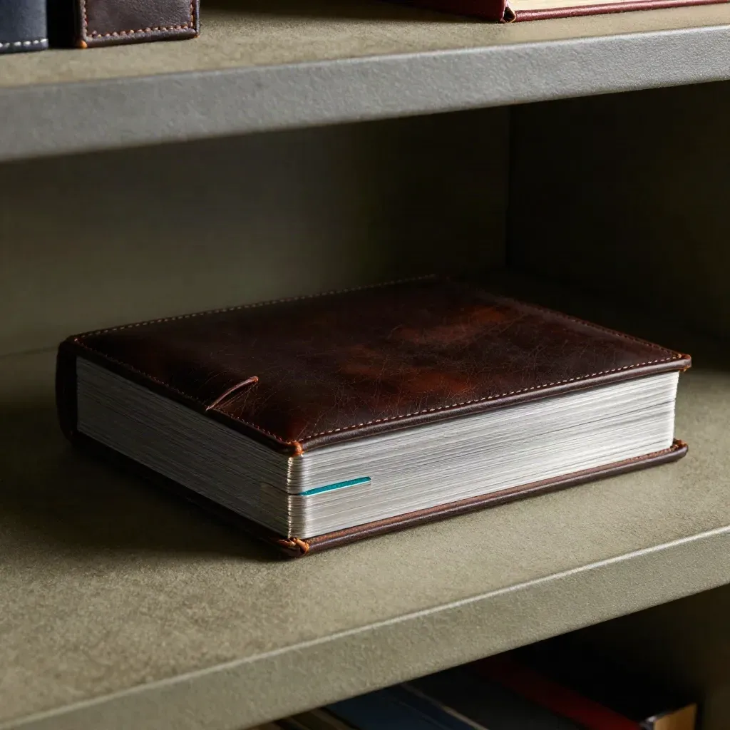 Half-open leather pension case with steel edge and archival box in a moody finance archive.