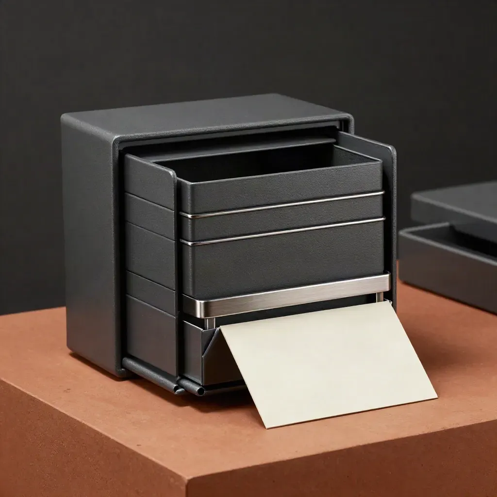 Charcoal modular reserve box with platinum band on terracotta plinth in a dark luxury studio.