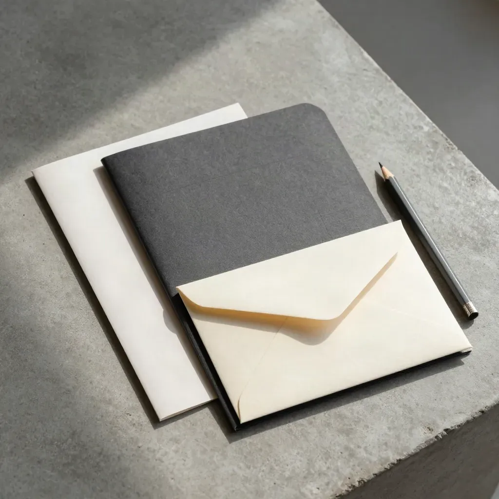 Top-down flatlay of a briefing packet with insert, pencil stub and sealed envelope on concrete.