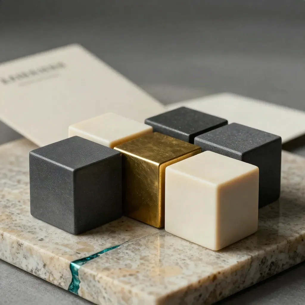 Four portfolio blocks around a brass cube on stone, lit with dramatic soft haze